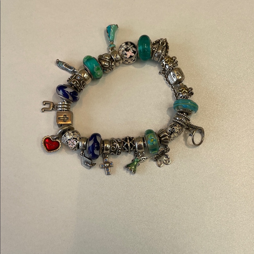 Pandora Silver Bracelet with Blue and Red Charms